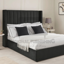 (Small Double-4ft (With Gaslift), Black Plush) OTTOMAN WINGED PANEL BED FRAME UPHOSLESTERED VELVET 48" HEADBOARD GASLIFT (ONLY BED)