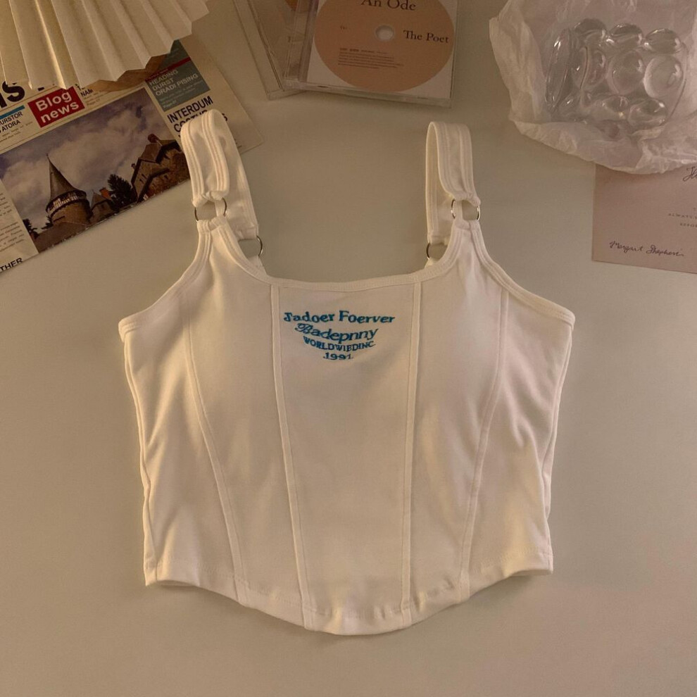 (One Size, white) Design Letter Embroidered Knitted Short Tank Tops With Bra Pad Sexy Slim Stripe Tops Y2k Shoulder Belt Iron Ring Tank Top