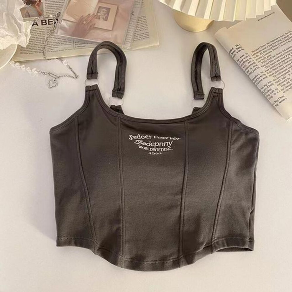 (One Size, dark grey) Design Letter Embroidered Knitted Short Tank Tops With Bra Pad Sexy Slim Stripe Tops Y2K Shoulder Belt Iron Ring Tank Top