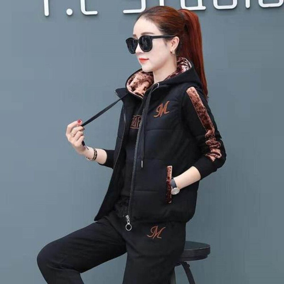 (black, XL) 3pcs/set Patchwork Color Women Tracksuit Elastic Waist Fashion Letter Print Women Hoodie Jogging Pants Zipper Vest Suit