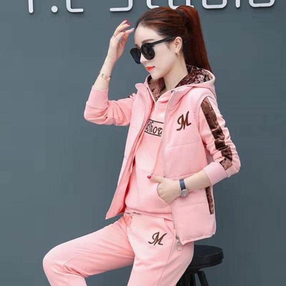 (pink, XL) 3pcs/set Patchwork Color Women Tracksuit Elastic Waist Fashion Letter Print Women Hoodie Jogging Pants Zipper Vest Suit