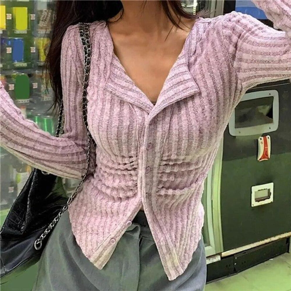 (M, purple) Y2k Knitted Cardigan Women  Collar Sweater Coat Vintage Long Sleeve Single Breasted Top Autumn Fashion Girls Knitwear Jumper