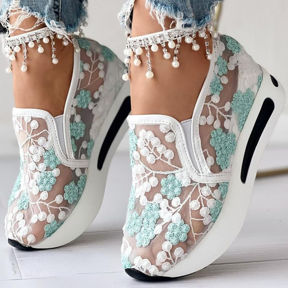 (green, 35) Order A Size Up Platform Wedges Women&apos;s Sneakers Floral Embroidery Mesh Sneakers For Women Slip On Casual Comfy Heeled Shoes Woman