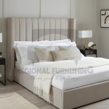 (Double-4ft6 (Without Gaslift), Cream Plush) OTTOMAN WINGED PANEL BED FRAME UPHOSLESTERED VELVET 48" HEADBOARD GASLIFT (ONLY BED)