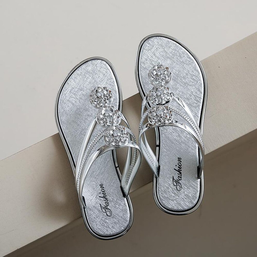 (silver, 36) Women&apos;s Flower Rhinestone Flip Flops, Fashion Clip Toe Slip On Flat Slide Shoes, Casual Outdoor Beach Slides