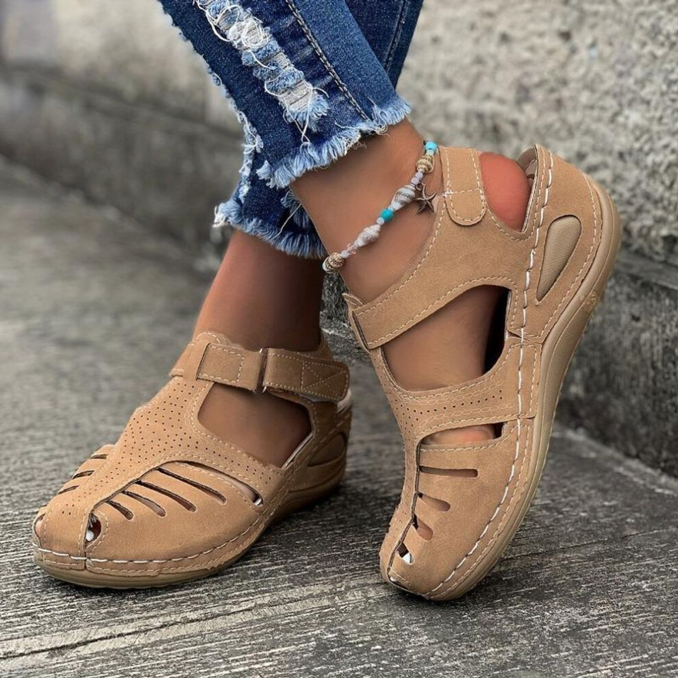 (beige, 37) Women&apos;s Solid Color Trendy Sandals, Closed Toe Platform Slingback Retro Shoes, Versatile Summer Low Wedge Shoes