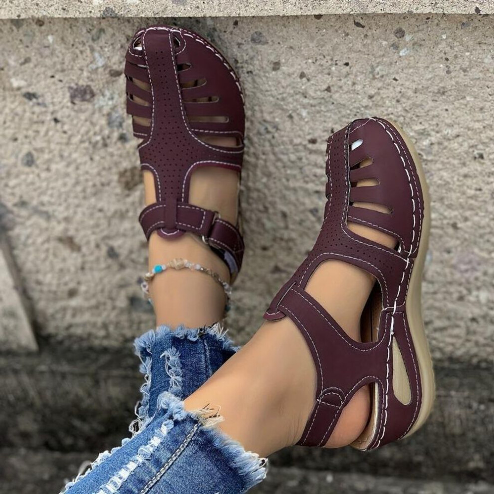 (purple, 37) Women's Solid Color Trendy Sandals, Closed Toe Platform Slingback Retro Shoes, Versatile Summer Low Wedge Shoes