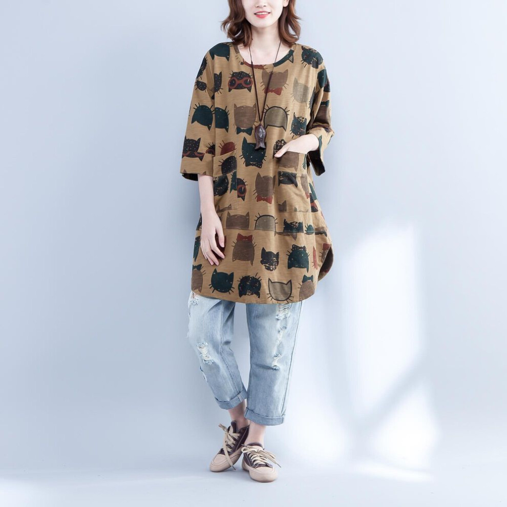 (ONE SIZE, brown) Dimanaf 2023 Plus Size Summer Women T-shirts Cotton Soft O-neck Tops Tees Shirt Loose Casual Clothing Kawaii Print Loose Tops Midi T-shirt