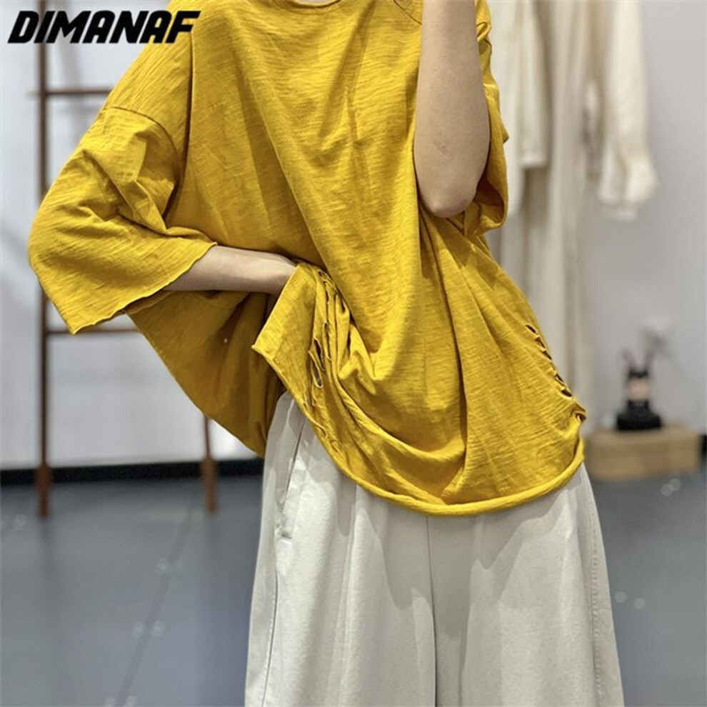 (XL, yellow) Dimanaf 2023 Women Plus Size T-shirt Casual Tops Loose Solid Hole O-neck Summer Short Sleeve Yellow
