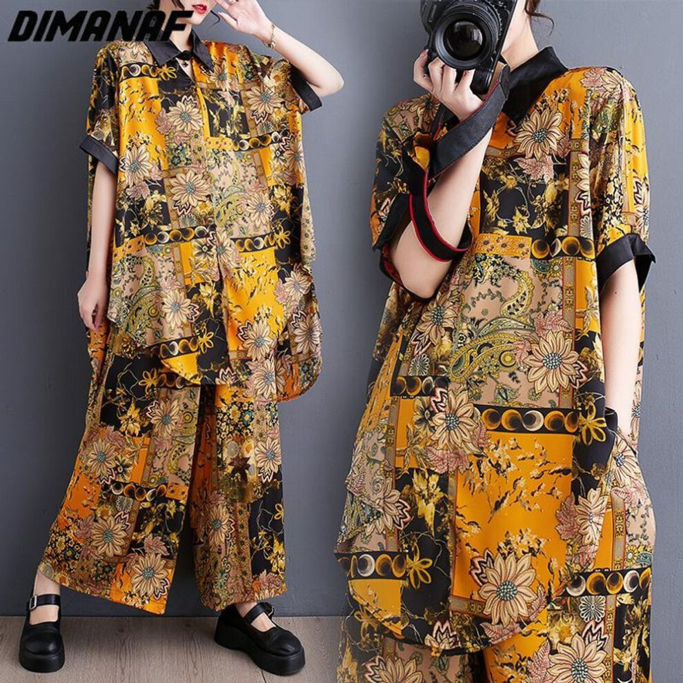 (gold, One Size) Dimanaf 2023 Plus Size Two Piece Set Suit Women Chiffon Vinatge Print Floral Striped Tops Pants Female Suit Summer