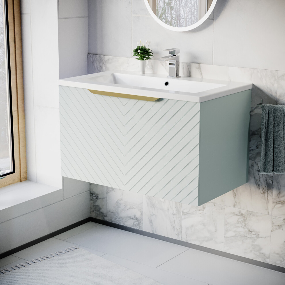 Nes Home 800Mm Wall Hung Drawers Basin Vanity Brushed Brass Handle Green
