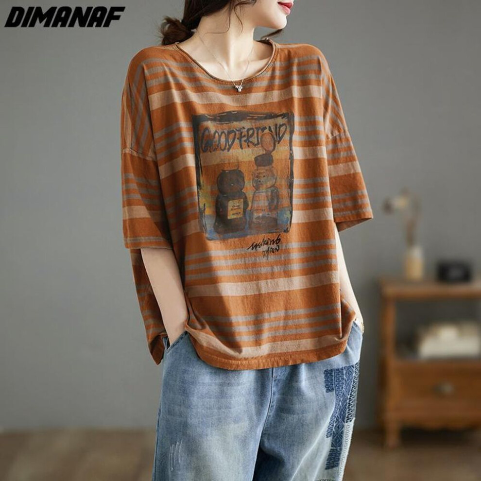 (orange, 3XL) DIMANAF 2024 New Summer Women Plus Size Blouse T-Shirt Casual Tops Tees Shirt Print Cotton Loose Vintage Striped