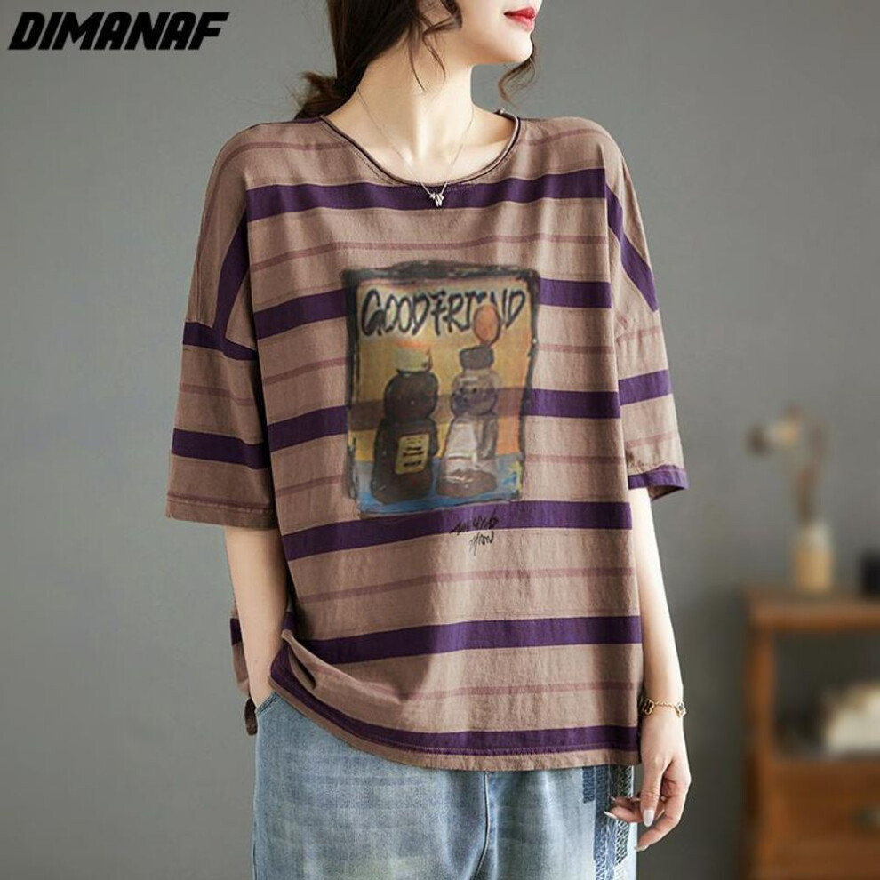 (purple, XL) DIMANAF 2024 New Summer Women Plus Size Blouse T-Shirt Casual Tops Tees Shirt Print Cotton Loose Vintage Striped