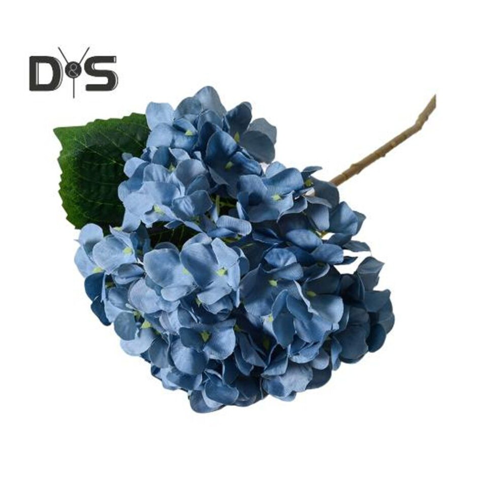 (blue) Artificial Hydrangea With Green Leaves Stem Realistic Fake Flower Wedding Home Office Table Centerpiece Faux Floral Branch Flower Arrangement
