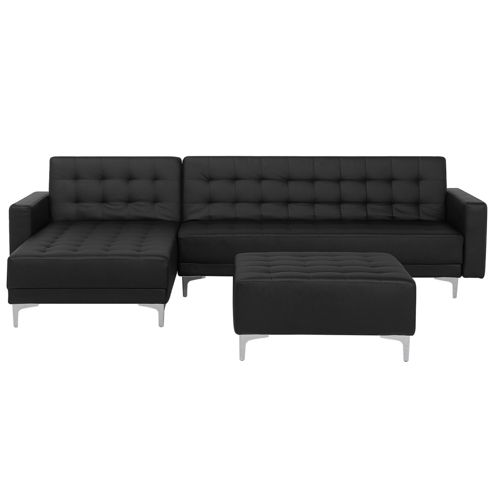 Right Hand Faux Leather Corner Sofa with Ottoman Black ABERDEEN