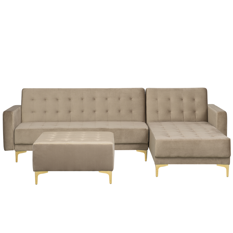 Left Hand Velvet Corner Sofa with Ottoman Sand Beige ABERDEEN
