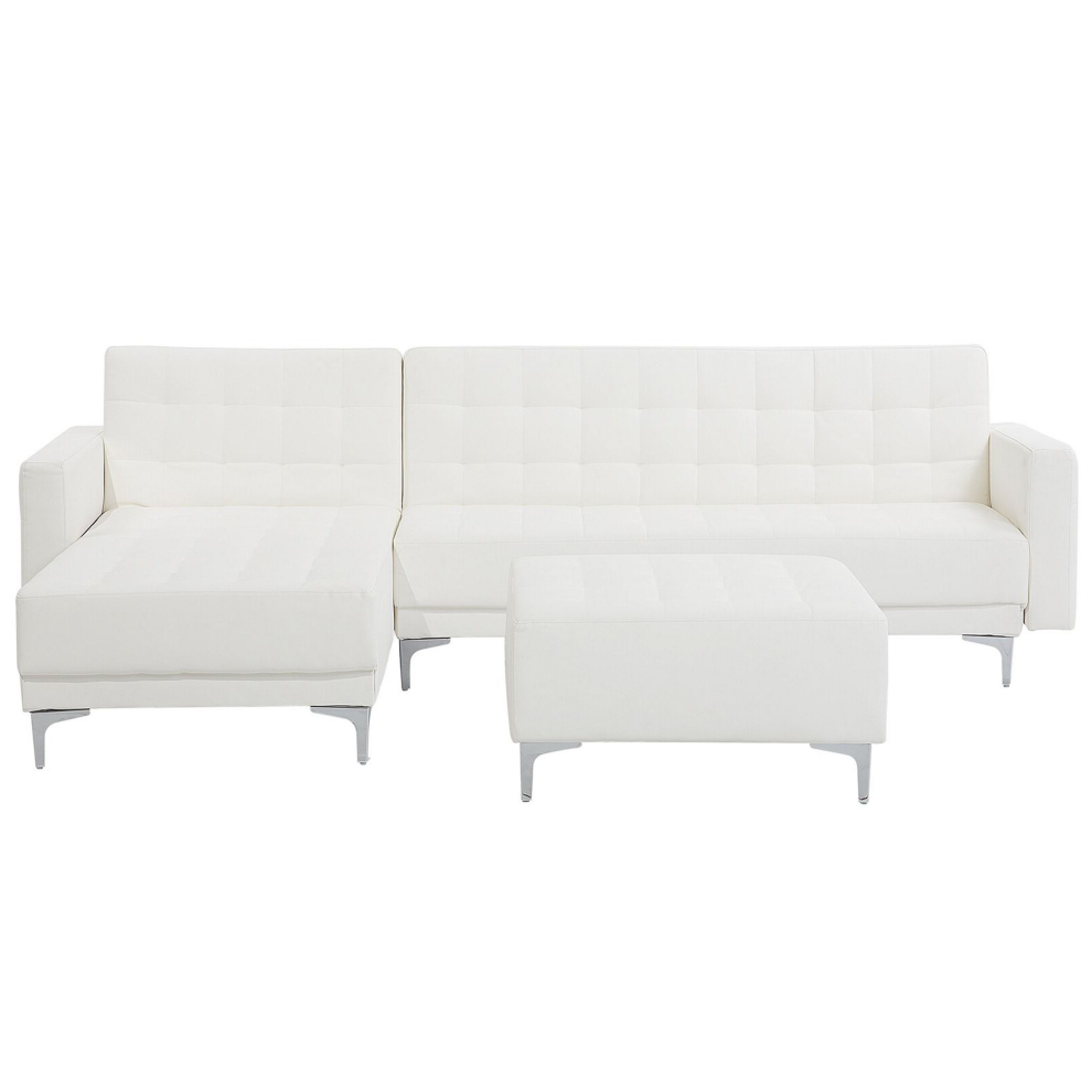 Right Hand Faux Leather Corner Sofa with Ottoman White ABERDEEN
