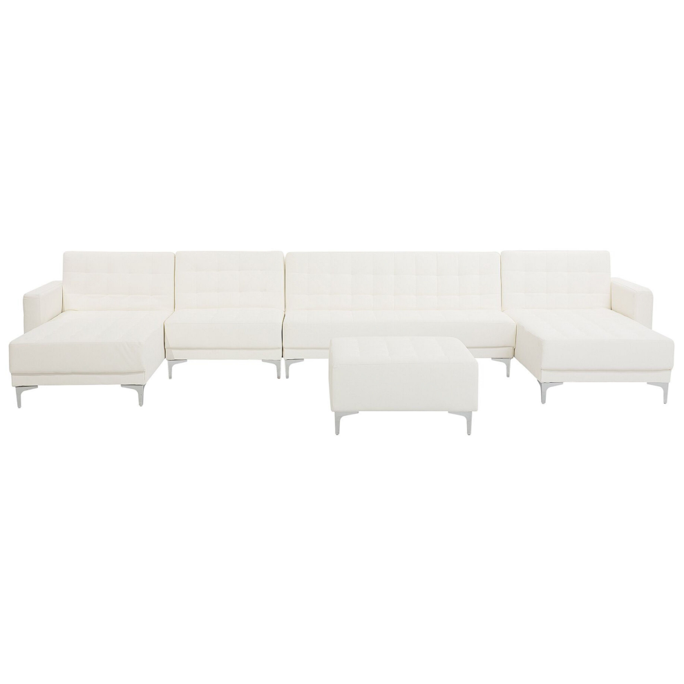 Modular U-Shape Sofa Bed ABERDEEN Faux Leather White with Ottoman 6 Seater