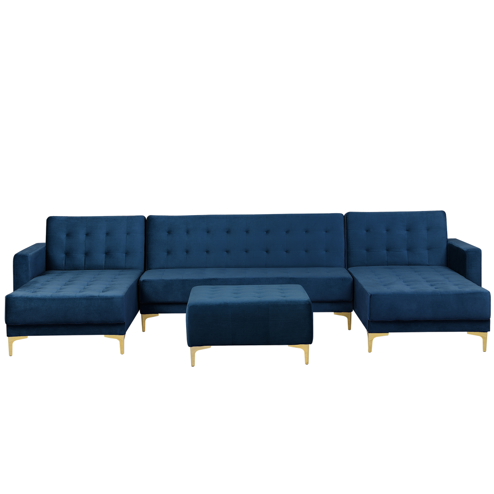Modular U-Shape Sofa Bed ABERDEEN Velvet Navy Blue with Ottoman 5 Seater