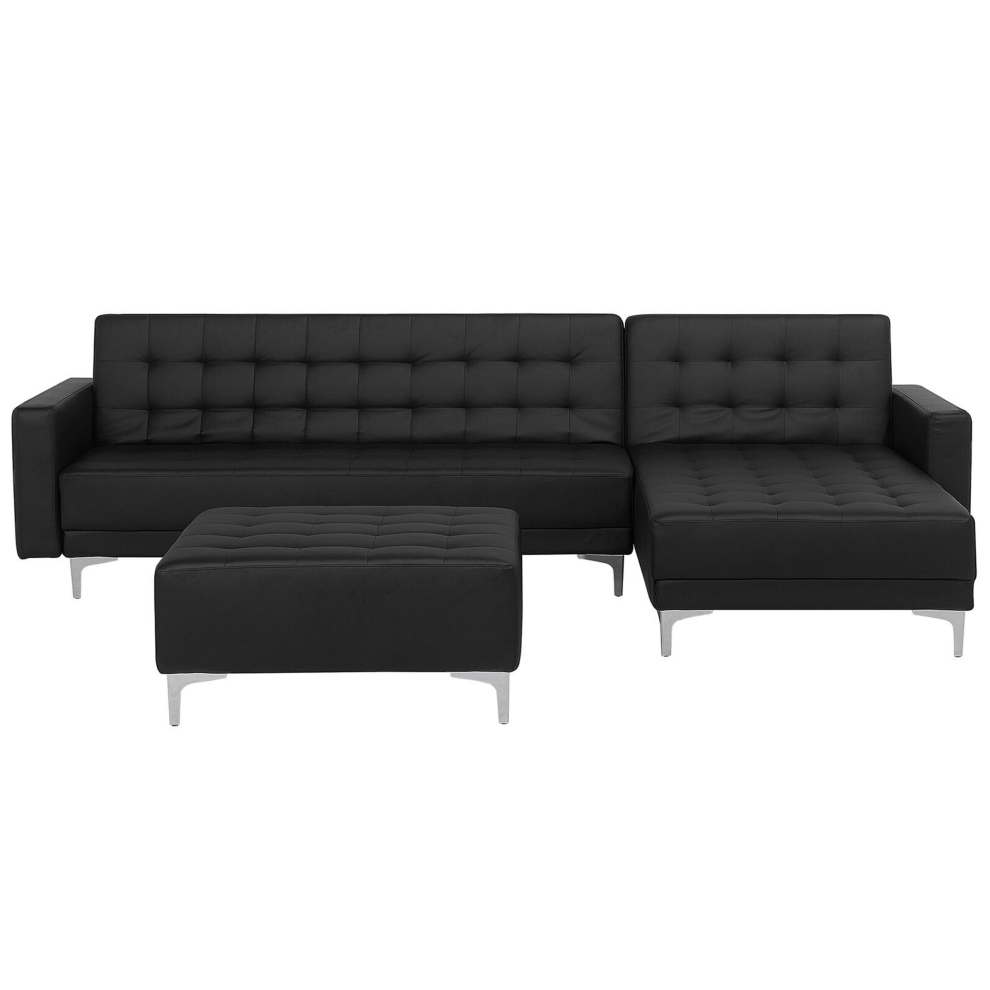 Left Hand Faux Leather Corner Sofa with Ottoman Black ABERDEEN