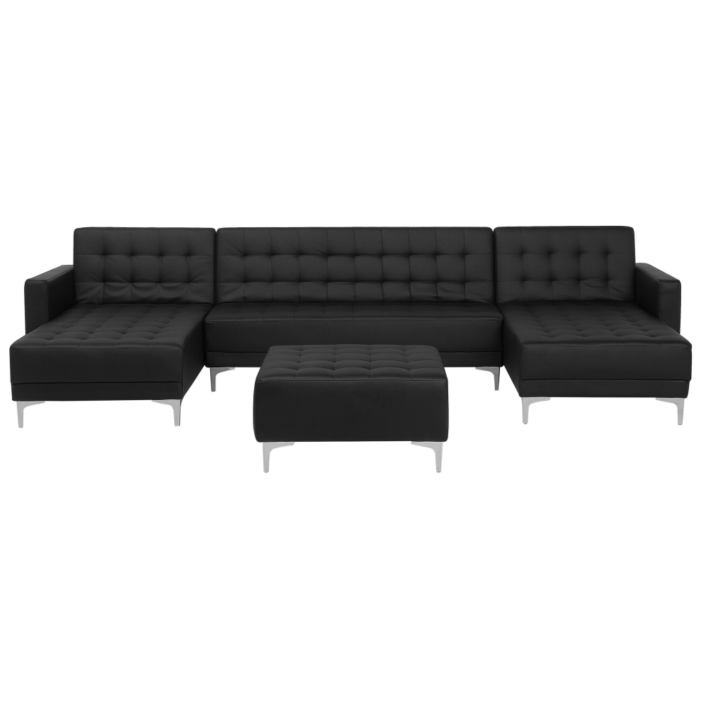 5 Seater U-Shaped Modular Faux Leather Sofa with Ottoman Black ABERDEEN