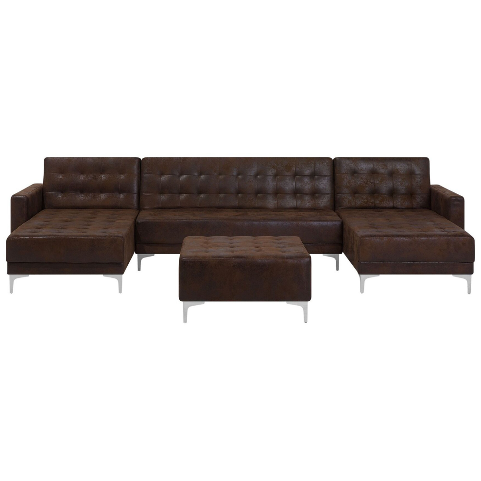Modular U-Shape Sofa Bed ABERDEEN Faux Leather Brown with Ottoman 5 Seater