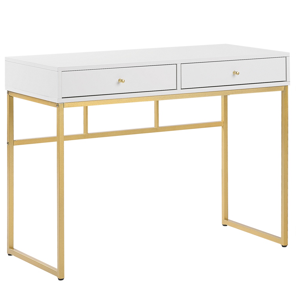 Home Office Desk / 2 Drawer Console Table White with Gold DAPHNE