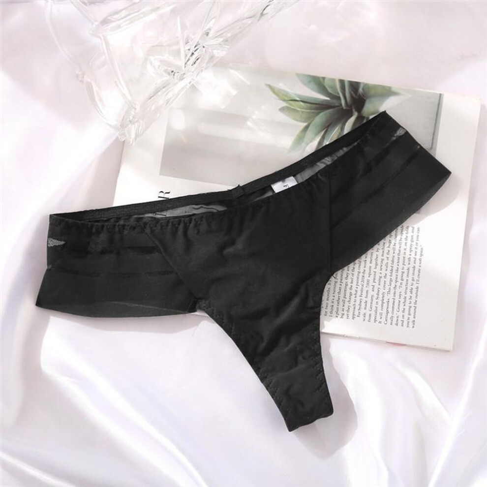 (black, XL (65-75kg)) New European and American large size women&apos;s thongs in ice silk, seamless design with low waist. Features sexy striped lace edge.