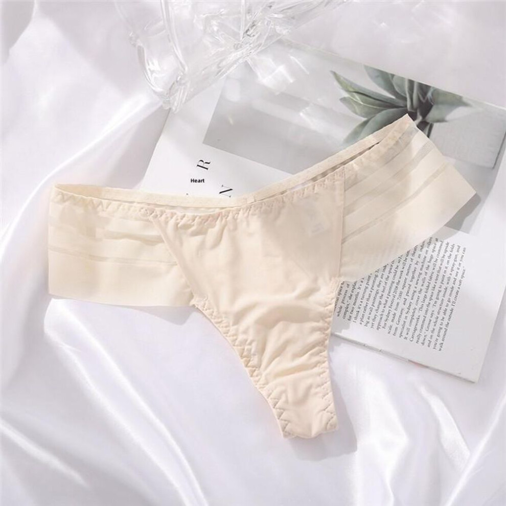 (apricot, XL (65-75kg)) New European And American Large Size Women&apos;s Thongs In Ice Silk, Seamless Design With Low Waist. Features Sexy Striped Lace Edge.
