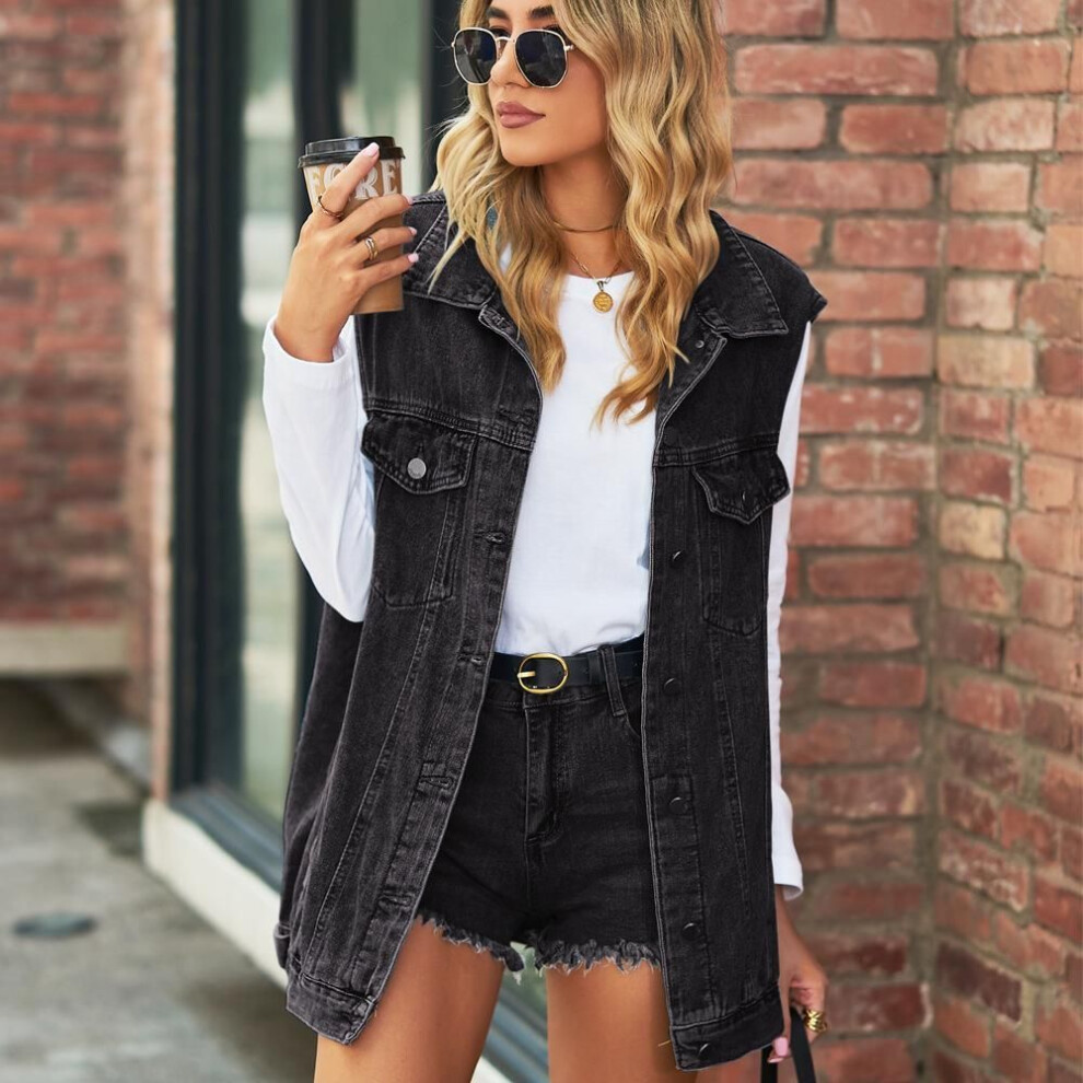 (black, L) European And American Style Retro Versatile Cardigan Denim Vest Jacket Loose Casual Fashion Women&apos;s Clothing