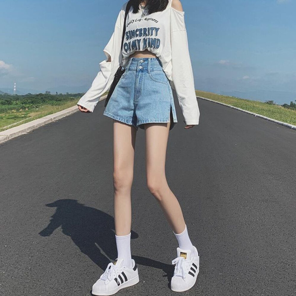 (light blue, S) Summer Female Student High Waist Denim Shorts Women&apos;s A-line Split Loose Slim Wide Leg Pants Fashion Women&apos;s Wear