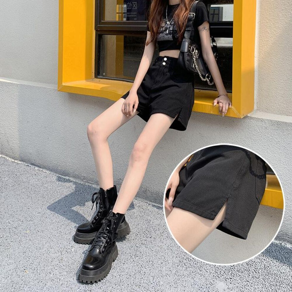 (black, M) Summer Female Student High Waist Denim Shorts Women&apos;s A-line Split Loose Slim Wide Leg Pants Fashion Women&apos;s Wear