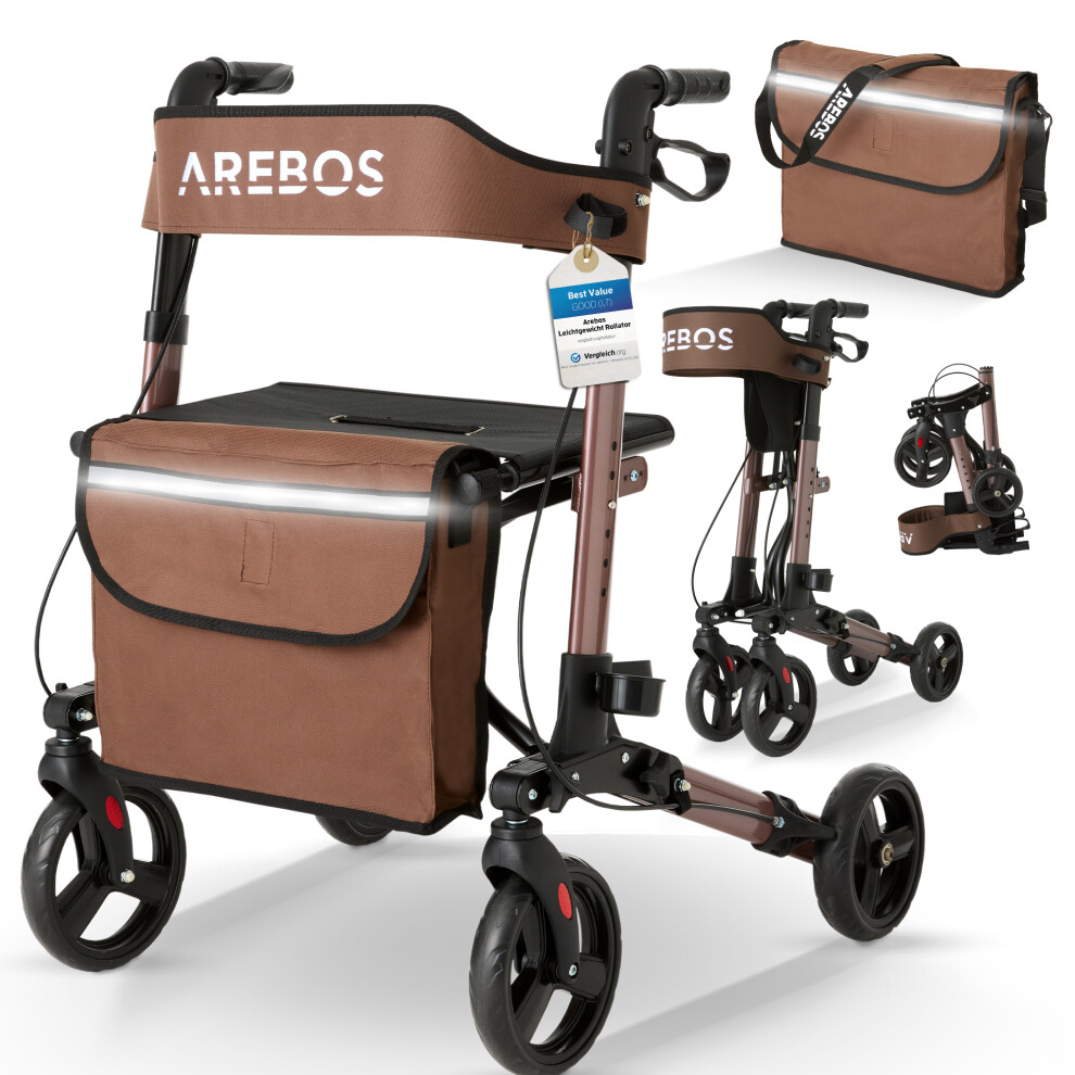 AREBOS Rollator walker | 6 Height Adjustable | Comfortable Seat | Stick Holder | Removable Shopping Bag | Foldable | Ready to Use | Brown
