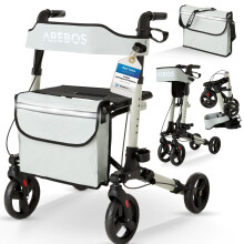 AREBOS Rollator walker | 6 Height Adjustable | Comfortable Seat | Stick Holder | Removable Shopping Bag | Foldable | Ready to Use | Grey