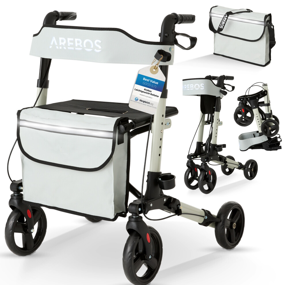 AREBOS Rollator walker | 6 Height Adjustable | Comfortable Seat | Stick Holder | Removable Shopping Bag | Foldable | Ready to Use | Grey