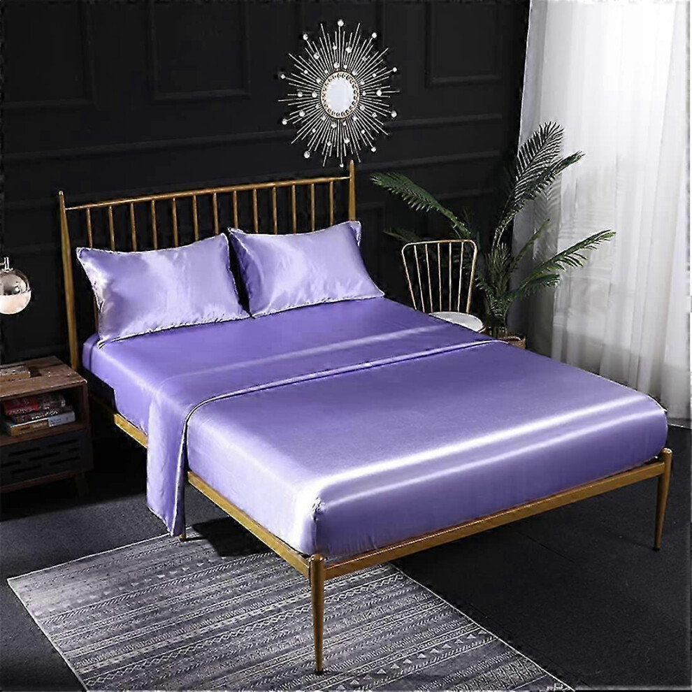 Ensemble de literie 3 pièces en satin de soie crème avec drap-housse, drap plat, taie d'oreiller, respirant, violet (Twin)