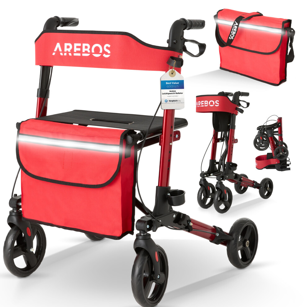 AREBOS Rollator walker | 6 Height Adjustable | Comfortable Seat | Stick Holder | Removable Shopping Bag | Foldable | Ready to Use | Red