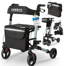 AREBOS Rollator walker | 6 Height Adjustable | Comfortable Seat | Stick Holder | Removable Shopping Bag | Foldable | Ready to Use | Black