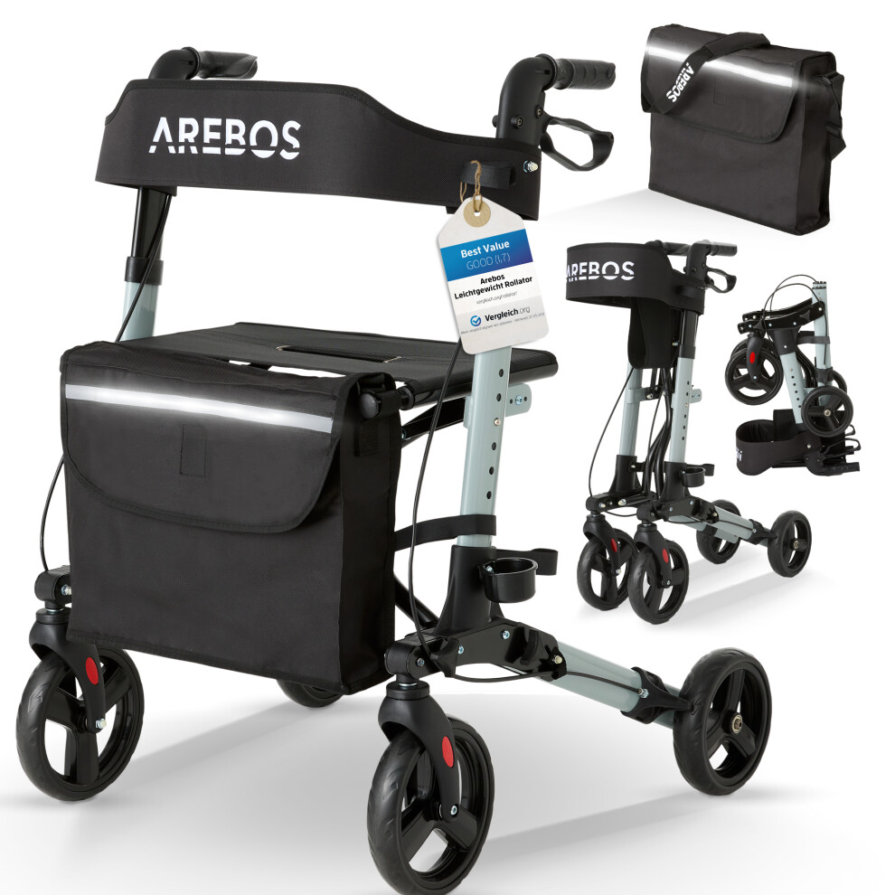 AREBOS Rollator walker | 6 Height Adjustable | Comfortable Seat | Stick Holder | Removable Shopping Bag | Foldable | Ready to Use | Black