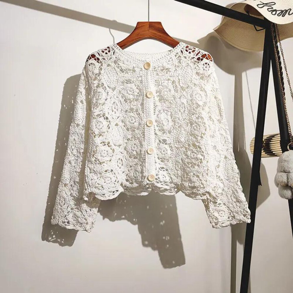 (white, one size) Lace Small Shawl Cotton Cardigan female spring and summer o neck long sleeve solid casual Versatile Hollow Cardigan Female