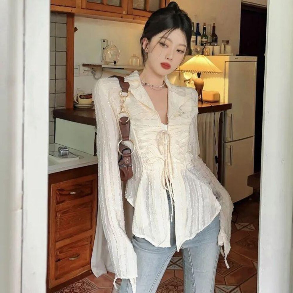 (beige, XL) Deeptown Fairycore Lace Up Blouse Women Long Sleeve Turn Down Collar Shirts Feminina Ladies Cropped Tops Korean Fashion