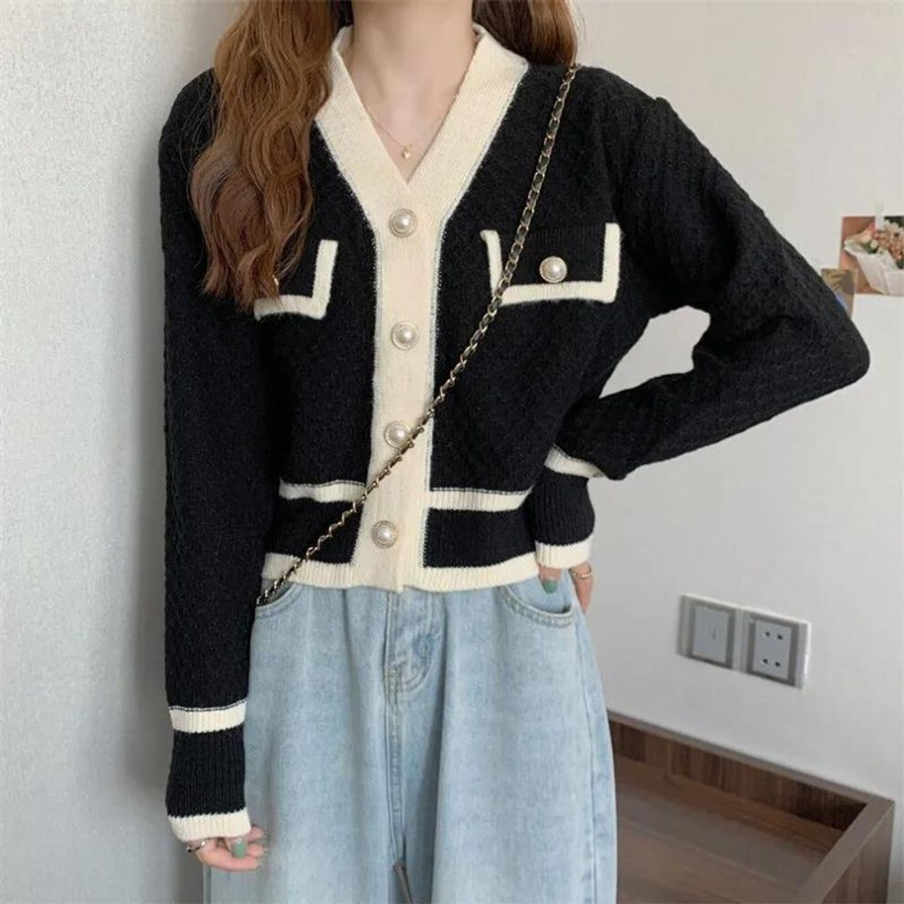 (black, M) Women Autumn and Winter Color-blocking Knitted Top Cardigan Long-sleeved V-neck Short Coat Fashion All-match Top
