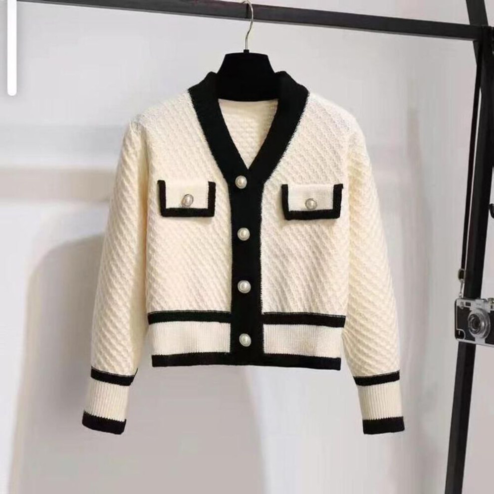 (white, XXL) Women Autumn and Winter Color-blocking Knitted Top Cardigan Long-sleeved V-neck Short Coat Fashion All-match Top