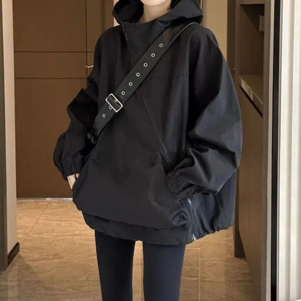(black, XXL) Harajuku Style Women&apos;s Jacket Korean Fashion Streetwear Oversize Zipper Hooded Vintage Y2k Jackets Windbreak Casual Coat