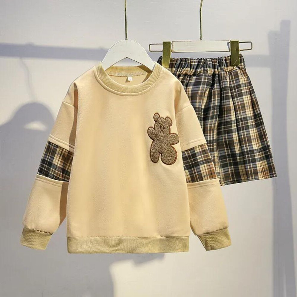 (tan, 140) Girls Jk Suit Spring And Autumn Fashion Cute Comfortable Casual Cotton Sweater Plaid Pleated Skirt
