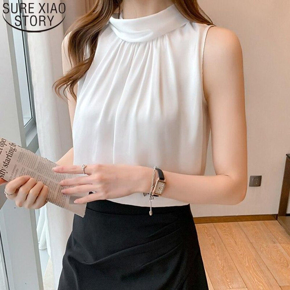 (white, S) Summer New Office Lady Fashion Sleeveless Chiffon Shirt Halter Blouse Women White Turtleneck Back Bow Tie Blusas Tops 15215