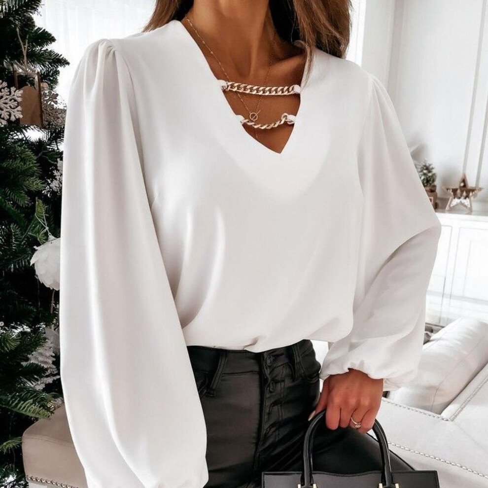 (white, S) Spring Autumn Fashion Long Sleeve Blusa Elegant Solid Chain V-neck Chiffon Blouse Shirt Women Sexy Hollow Out Pullover Top 12829