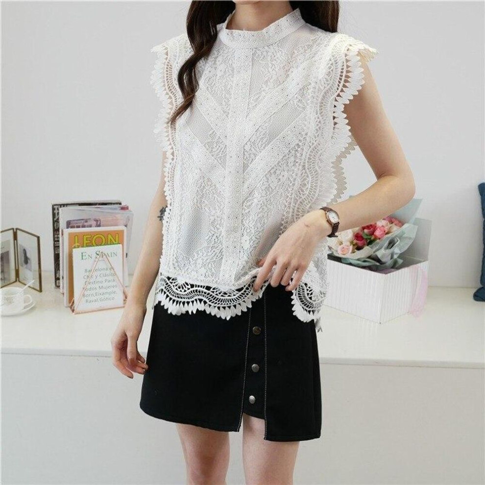 (white, 4XL) Summer Sleeveless Ruffle Womens Shirt Blouse For Women Womens Tops And Blouses Lace Sexy Shirts Ladies Top Plus Size 14733