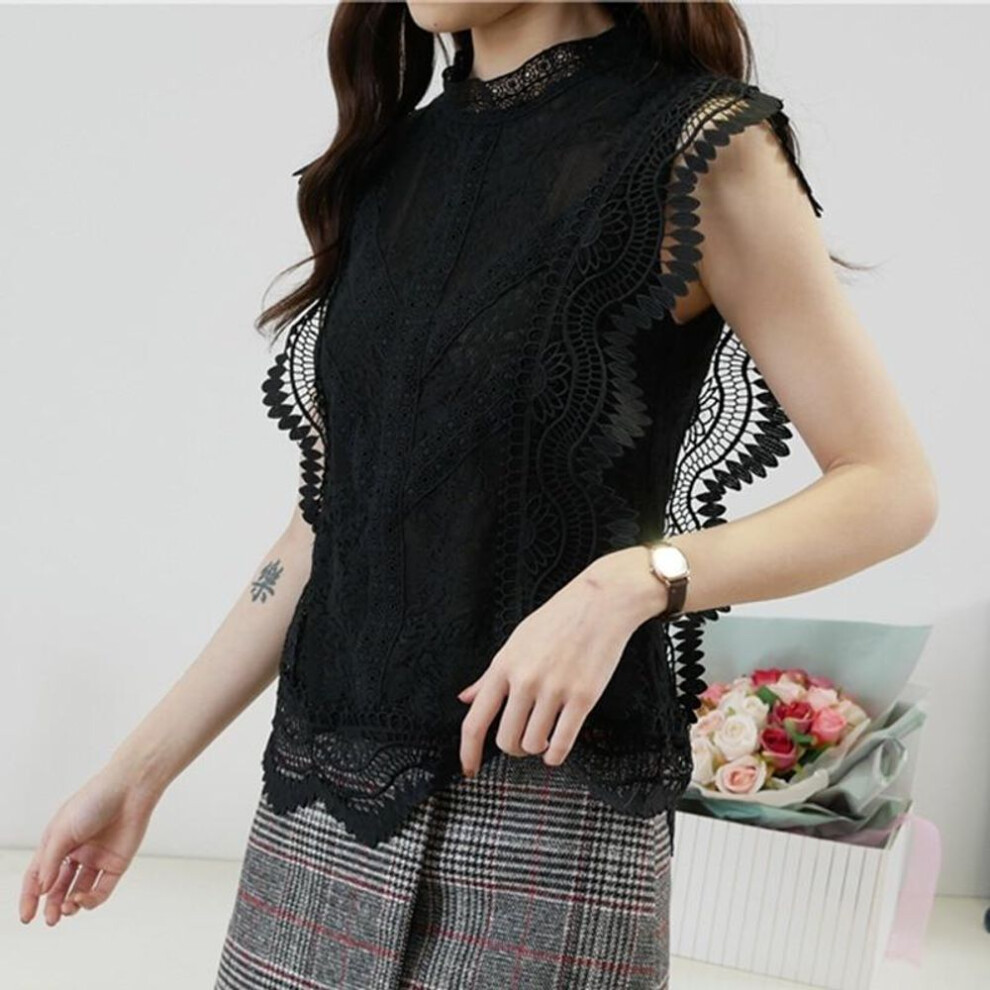 (black, L) Summer Sleeveless Ruffle Womens Shirt Blouse For Women Womens Tops And Blouses Lace Sexy Shirts Ladies Top Plus Size 14733