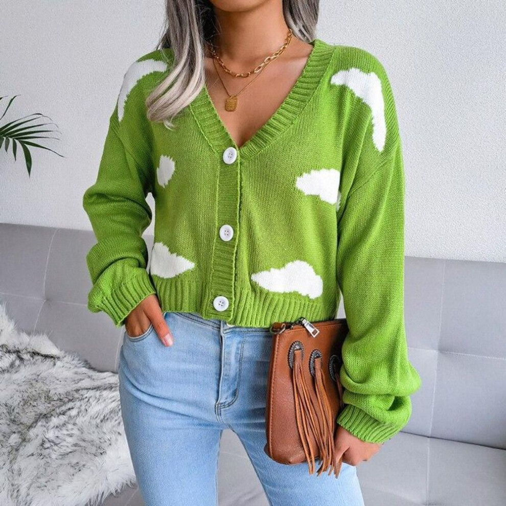 (green, S) Preppy Cloud Harajuku Sweater Fashion V-neck Short Long Sleeve Crop Top Cardigan Knitted Korean Sweaters Women Ropa Mujer 18115